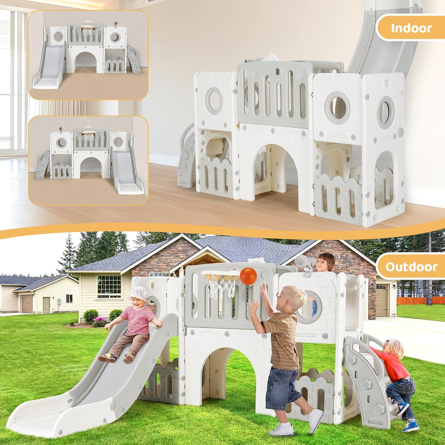 9 in 1 Toddler Slide Set, Kids Climber Slide Playset w/Long Slope, Telescope, Storage Space, Enclosed Steps, Indoor Outdoor Playground for Age 3+ Years Old (White & Gray)💋