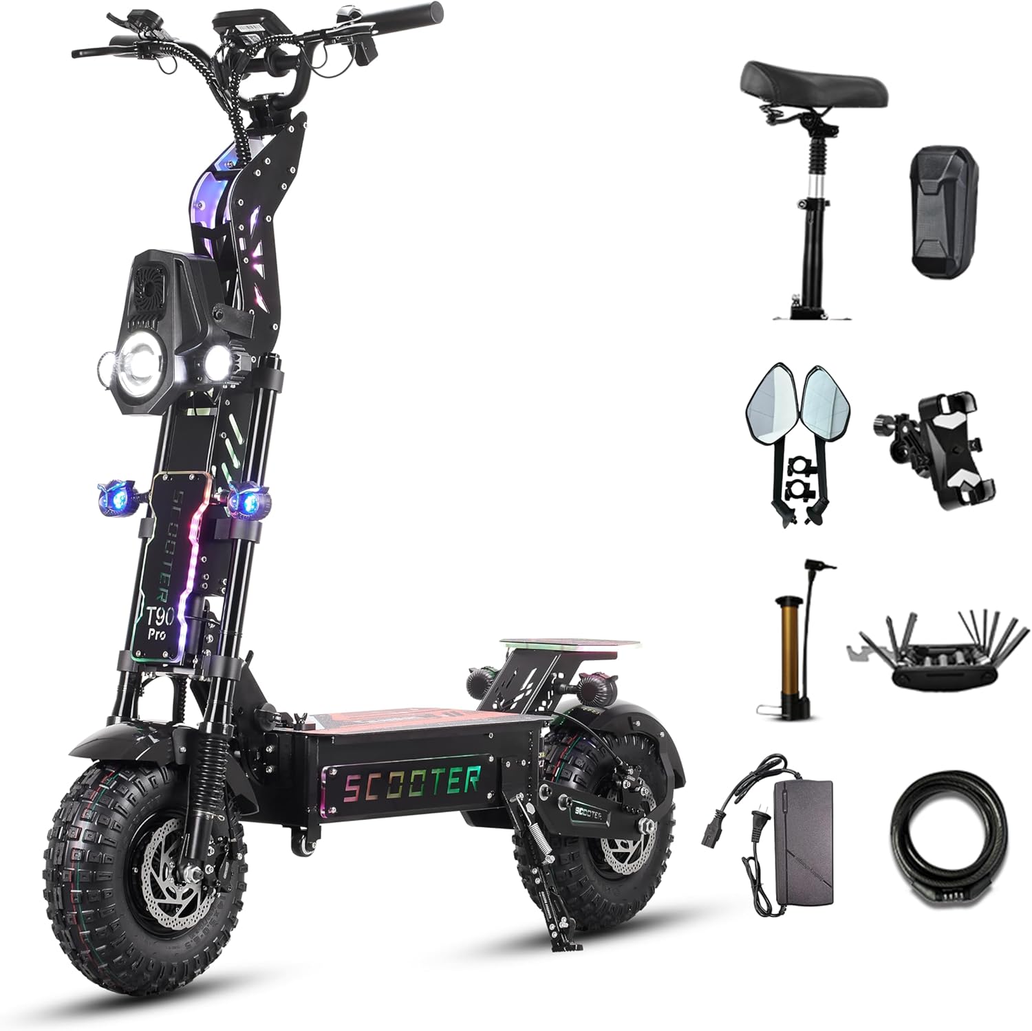 T90 Pro Electric Scooter for Adults, 10000W Dual Motor, 68 MPH Max Speed, 72V Removable Battery, 14" Off-Road Tires 800lbs Max Load, Music Light, Waterproof, 65 Mile Range, Fast E-Scooter👄
