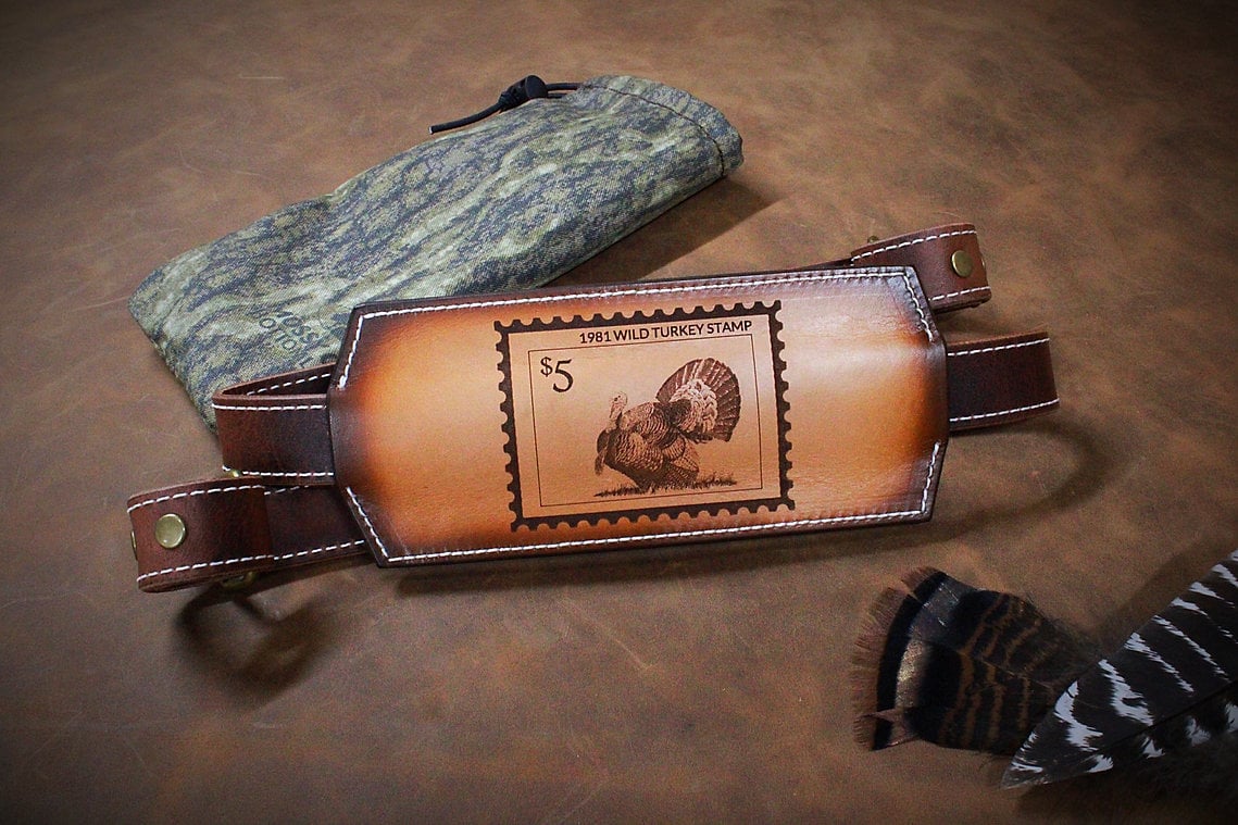🎯🦃 Leather wild turkey toter sling with vintage turkey stamp engraving💋