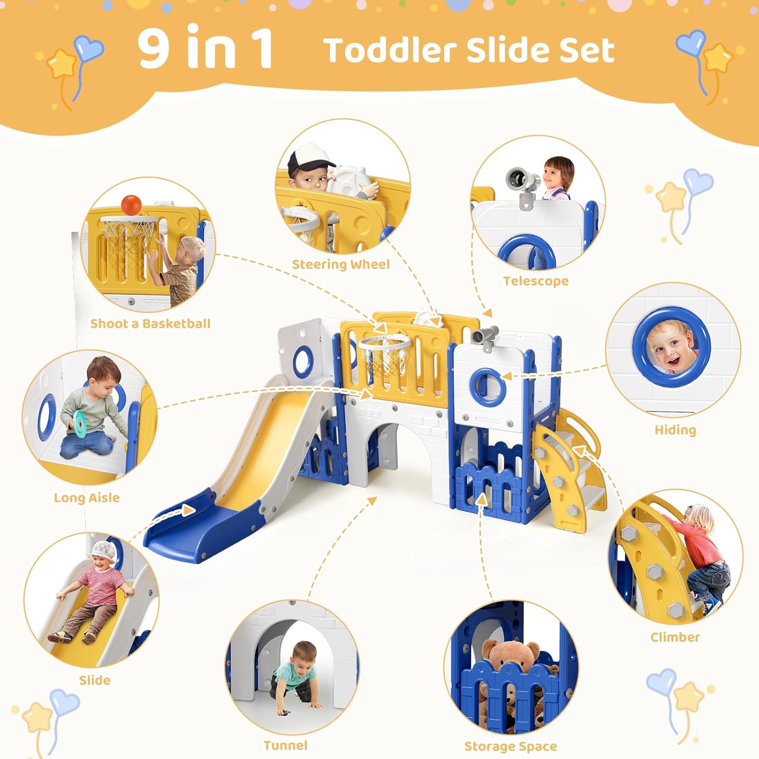 9 in 1 Toddler Slide Set, Kids Climber Slide Playset w/Long Slope, Telescope, Storage Space, Enclosed Steps, Indoor Outdoor Playground for Age 3+ Years Old (White & Gray)💋