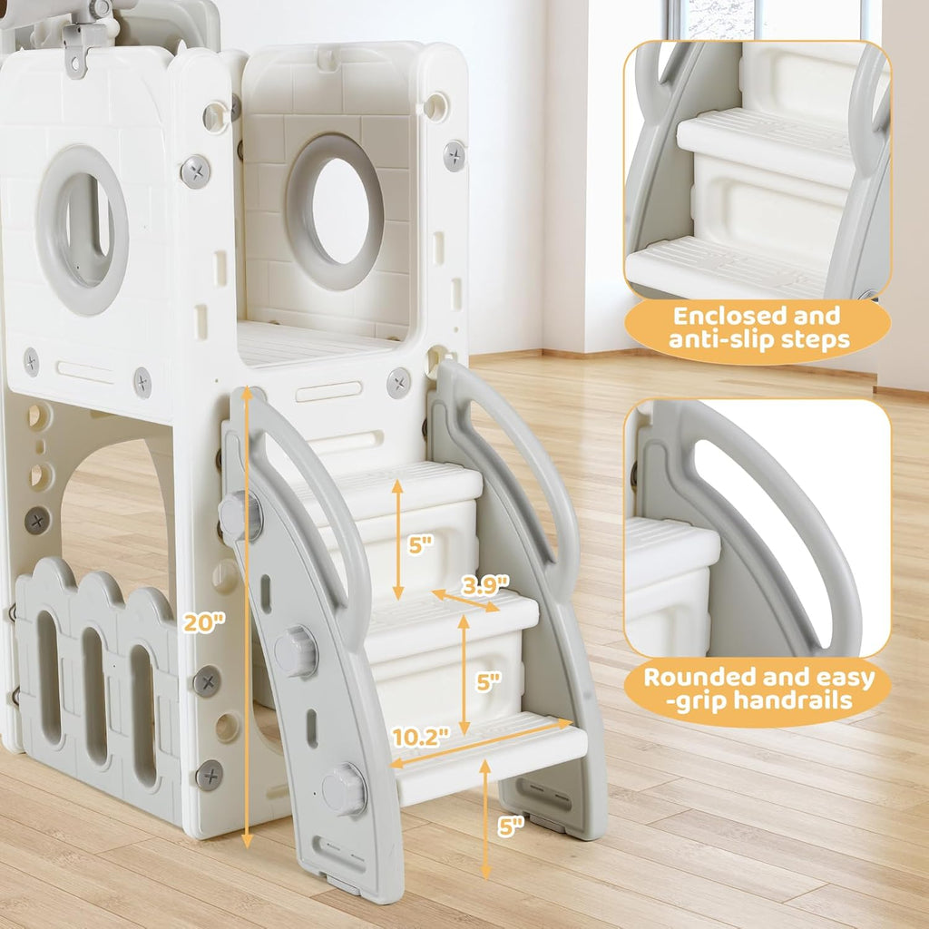 9 in 1 Toddler Slide Set, Kids Climber Slide Playset w/Long Slope, Telescope, Storage Space, Enclosed Steps, Indoor Outdoor Playground for Age 3+ Years Old (White & Gray)💋