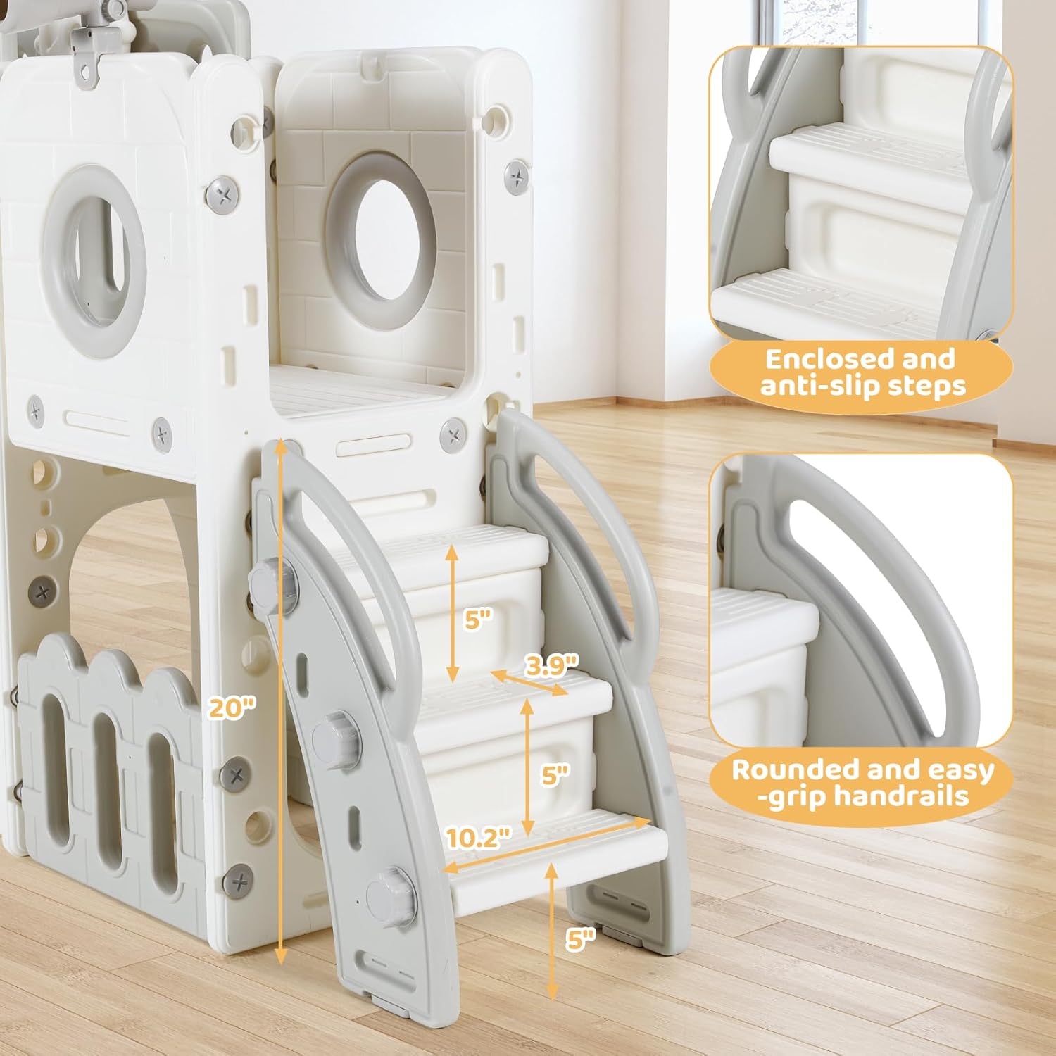 9 in 1 Toddler Slide Set, Kids Climber Slide Playset w/Long Slope, Telescope, Storage Space, Enclosed Steps, Indoor Outdoor Playground for Age 3+ Years Old (White & Gray)💋