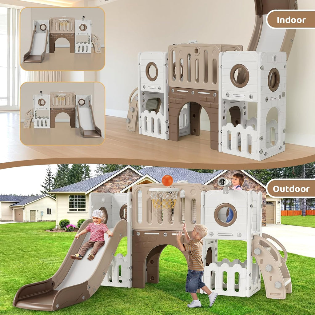 9 in 1 Toddler Slide Set, Kids Climber Slide Playset w/Long Slope, Telescope, Storage Space, Enclosed Steps, Indoor Outdoor Playground for Age 3+ Years Old (White & Gray)💋