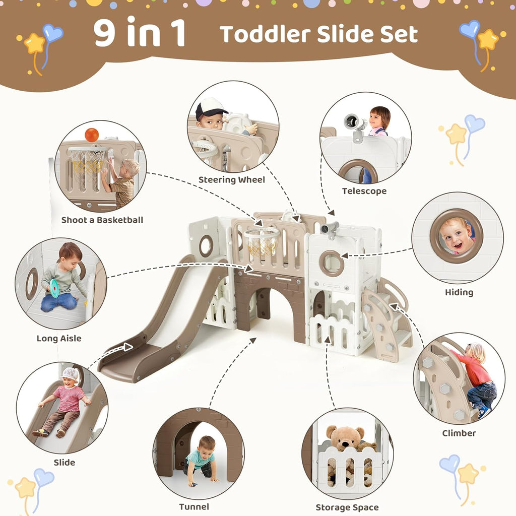 9 in 1 Toddler Slide Set, Kids Climber Slide Playset w/Long Slope, Telescope, Storage Space, Enclosed Steps, Indoor Outdoor Playground for Age 3+ Years Old (White & Gray)💋
