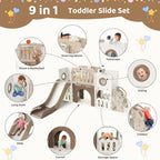 9 in 1 Toddler Slide Set, Kids Climber Slide Playset w/Long Slope, Telescope, Storage Space, Enclosed Steps, Indoor Outdoor Playground for Age 3+ Years Old (White & Gray)💋