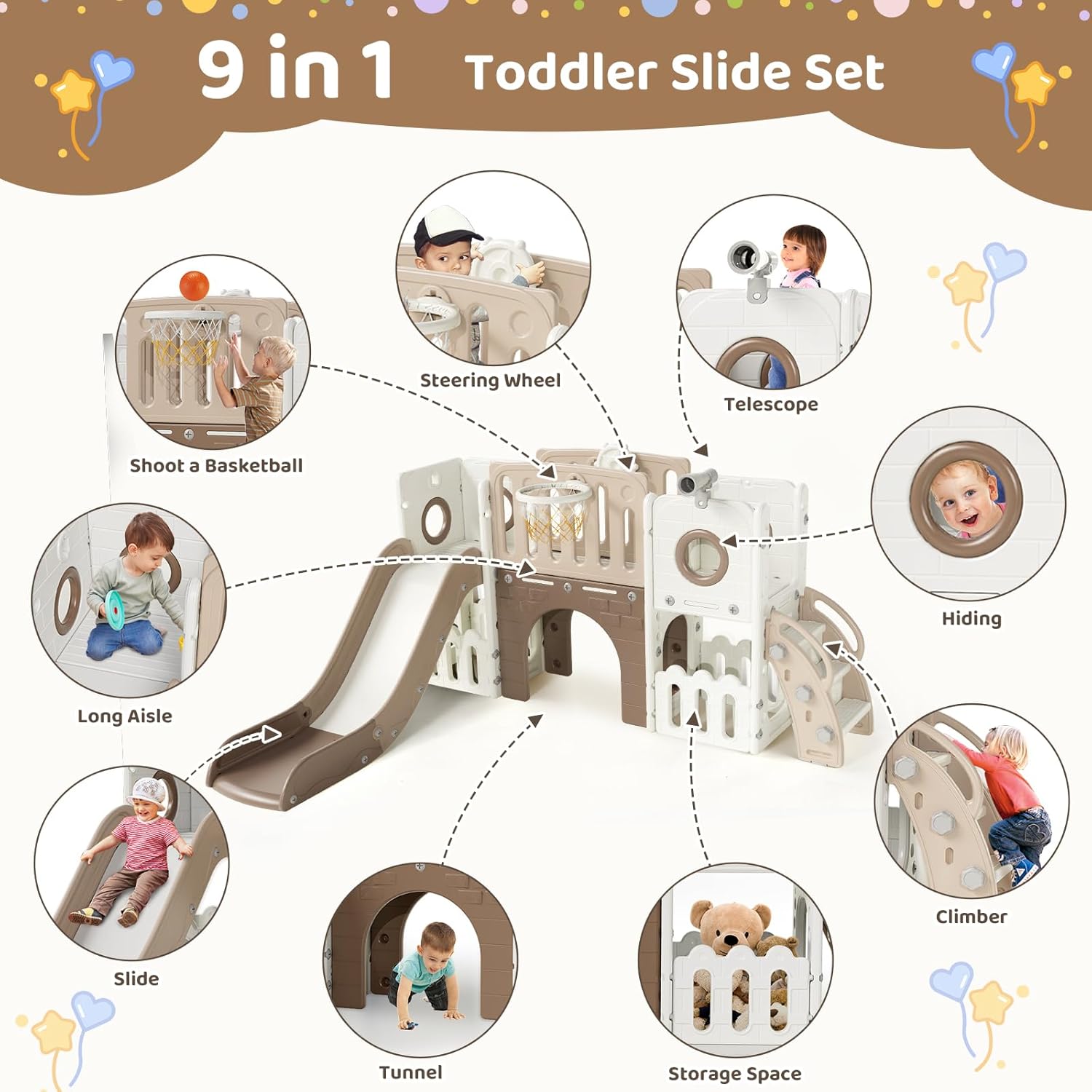 9 in 1 Toddler Slide Set, Kids Climber Slide Playset w/Long Slope, Telescope, Storage Space, Enclosed Steps, Indoor Outdoor Playground for Age 3+ Years Old (White & Gray)💋