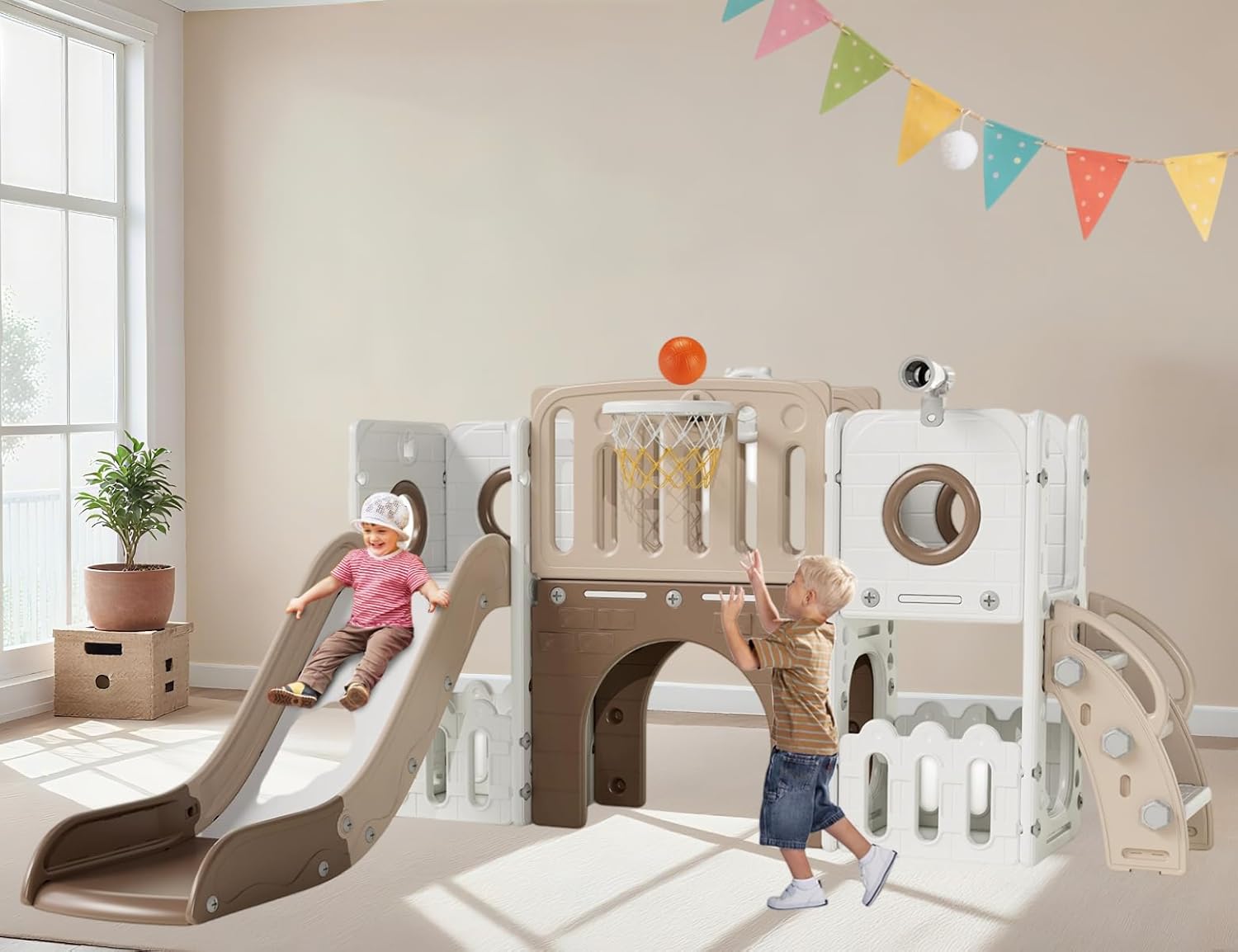9 in 1 Toddler Slide Set, Kids Climber Slide Playset w/Long Slope, Telescope, Storage Space, Enclosed Steps, Indoor Outdoor Playground for Age 3+ Years Old (White & Gray)💋