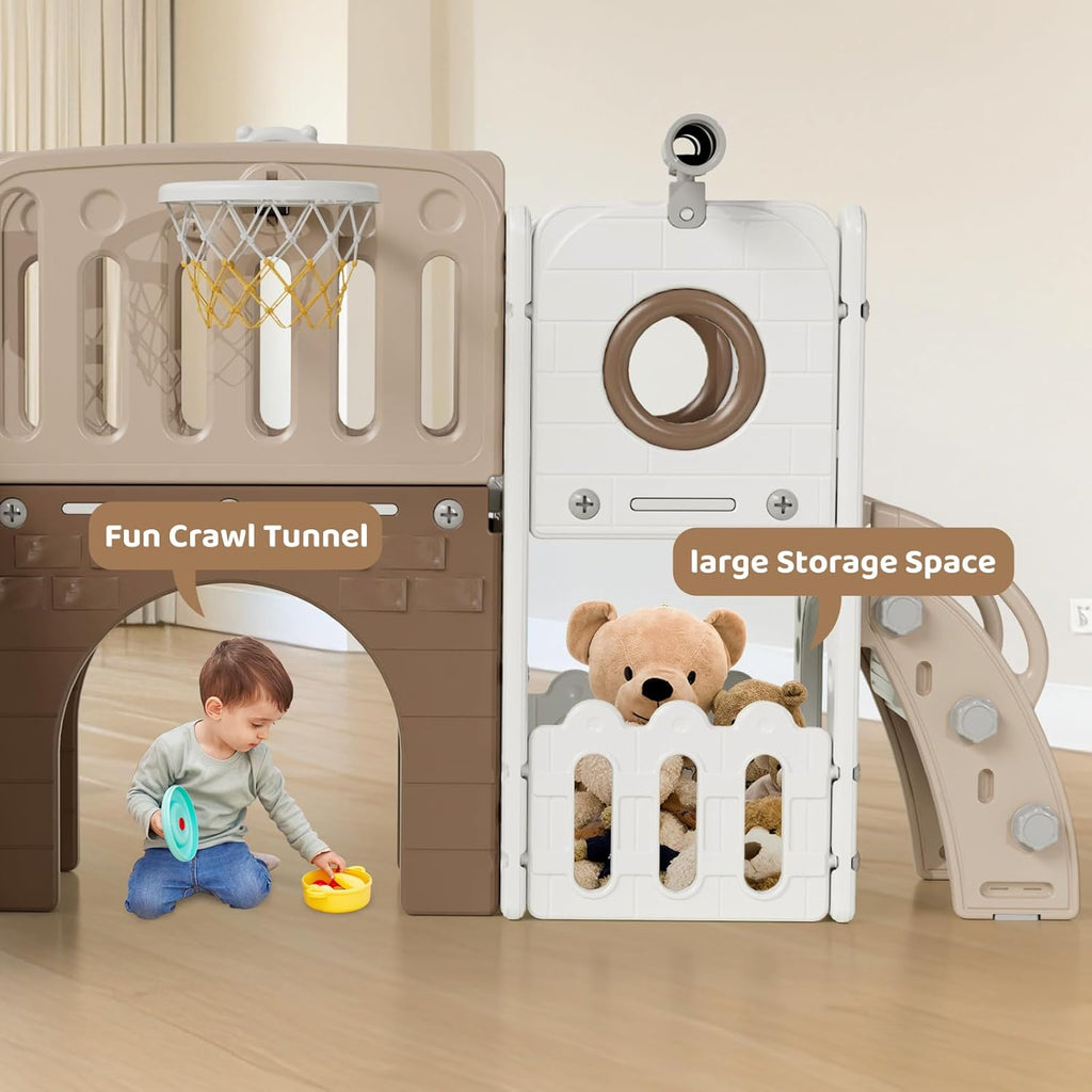 9 in 1 Toddler Slide Set, Kids Climber Slide Playset w/Long Slope, Telescope, Storage Space, Enclosed Steps, Indoor Outdoor Playground for Age 3+ Years Old (White & Gray)💋