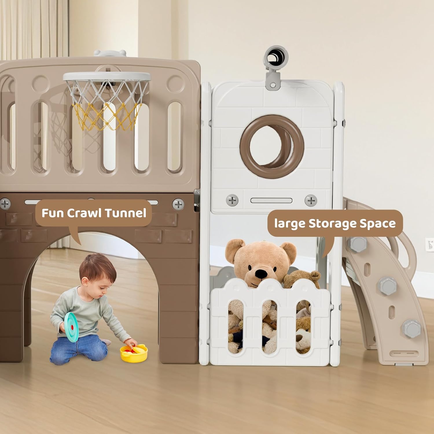 9 in 1 Toddler Slide Set, Kids Climber Slide Playset w/Long Slope, Telescope, Storage Space, Enclosed Steps, Indoor Outdoor Playground for Age 3+ Years Old (White & Gray)💋
