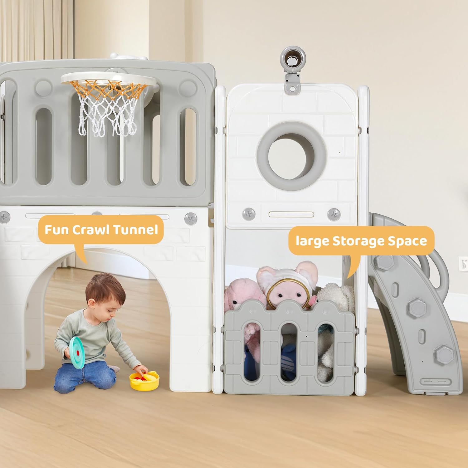 9 in 1 Toddler Slide Set, Kids Climber Slide Playset w/Long Slope, Telescope, Storage Space, Enclosed Steps, Indoor Outdoor Playground for Age 3+ Years Old (White & Gray)💋