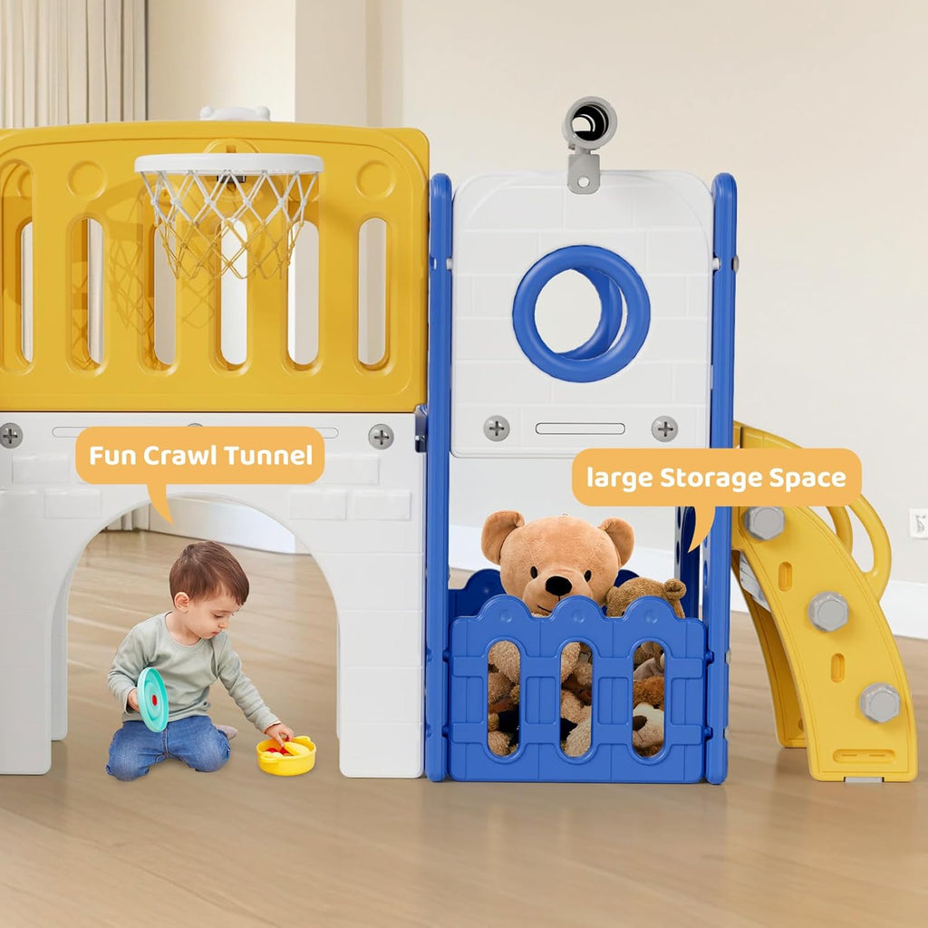 9 in 1 Toddler Slide Set, Kids Climber Slide Playset w/Long Slope, Telescope, Storage Space, Enclosed Steps, Indoor Outdoor Playground for Age 3+ Years Old (White & Gray)💋