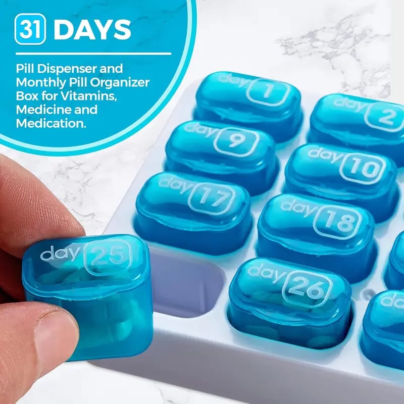 💊Monthly Pill Organizer with Lid - Arthritis-Friendly Easy-Open Lids 31 Removable Daily Pill Pods Date Reminder & Travel Case for Vitamins & Medications💋