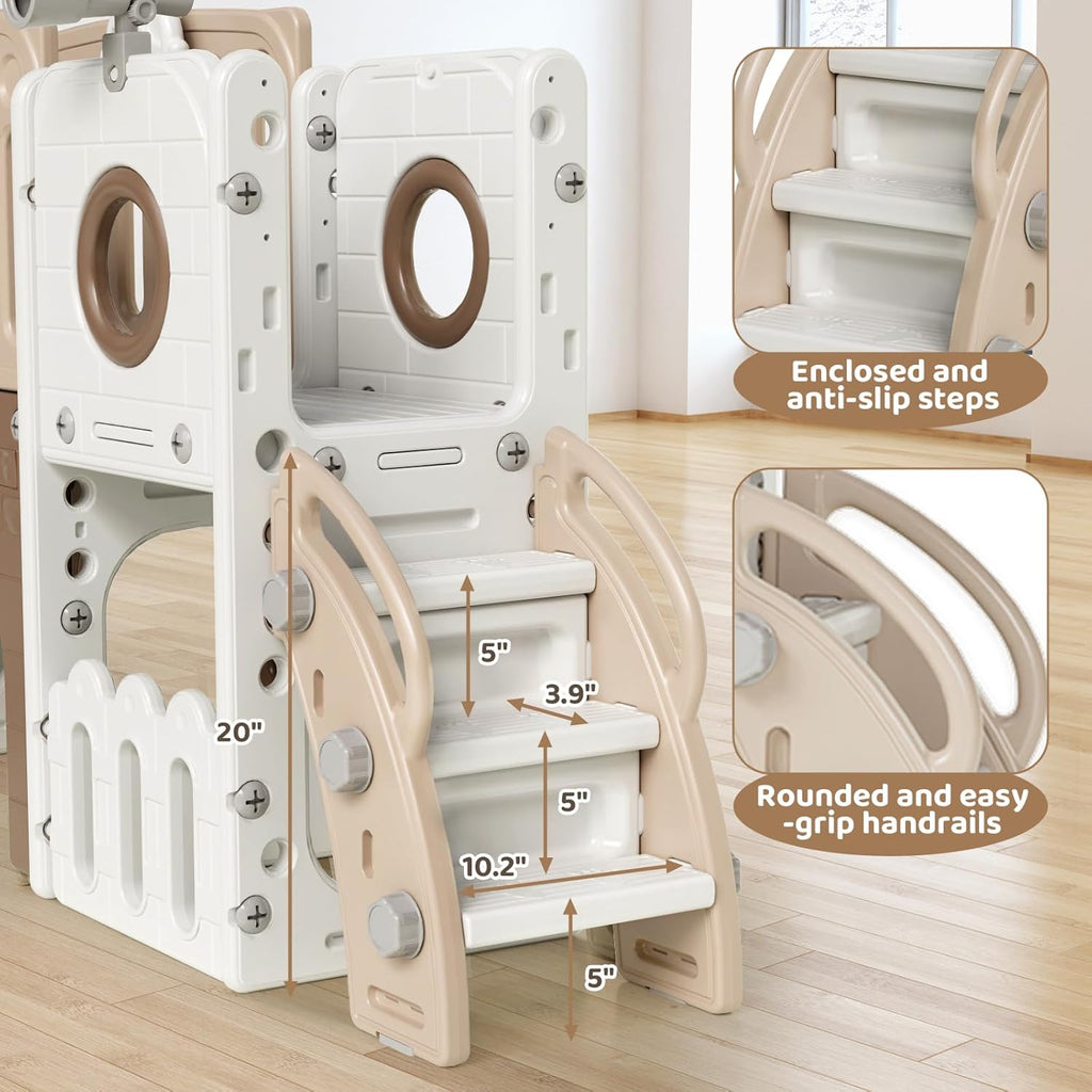 9 in 1 Toddler Slide Set, Kids Climber Slide Playset w/Long Slope, Telescope, Storage Space, Enclosed Steps, Indoor Outdoor Playground for Age 3+ Years Old (White & Gray)💋