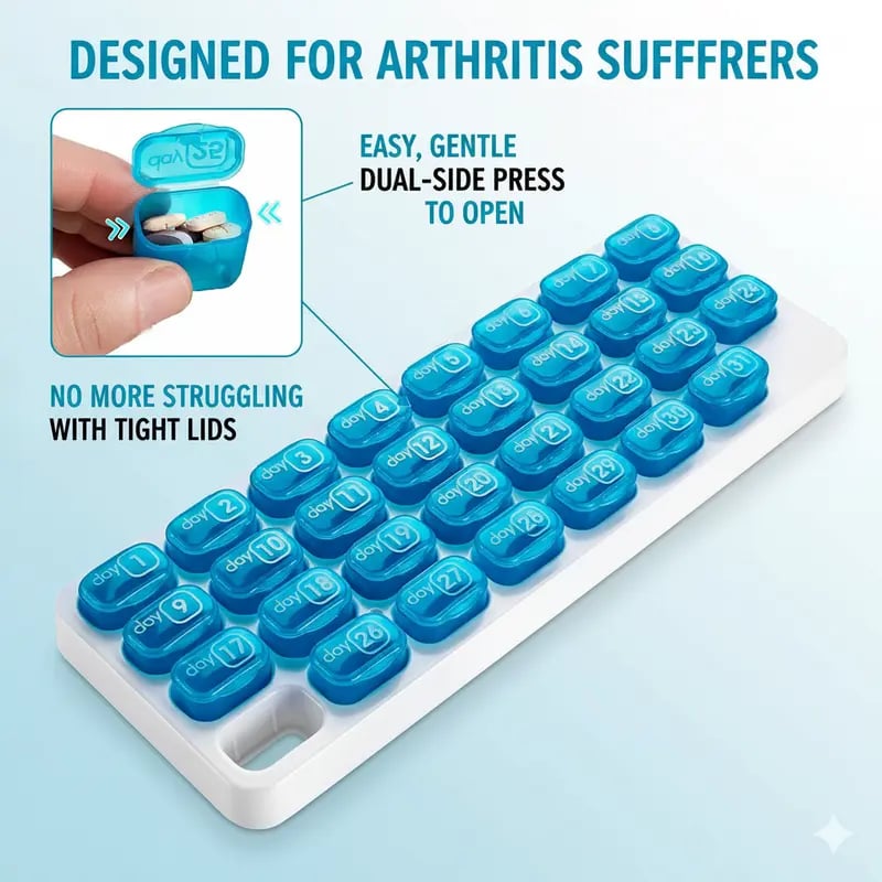 💊Monthly Pill Organizer with Lid - Arthritis-Friendly Easy-Open Lids 31 Removable Daily Pill Pods Date Reminder & Travel Case for Vitamins & Medications💋