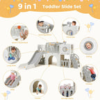 9 in 1 Toddler Slide Set, Kids Climber Slide Playset w/Long Slope, Telescope, Storage Space, Enclosed Steps, Indoor Outdoor Playground for Age 3+ Years Old (White & Gray)💋