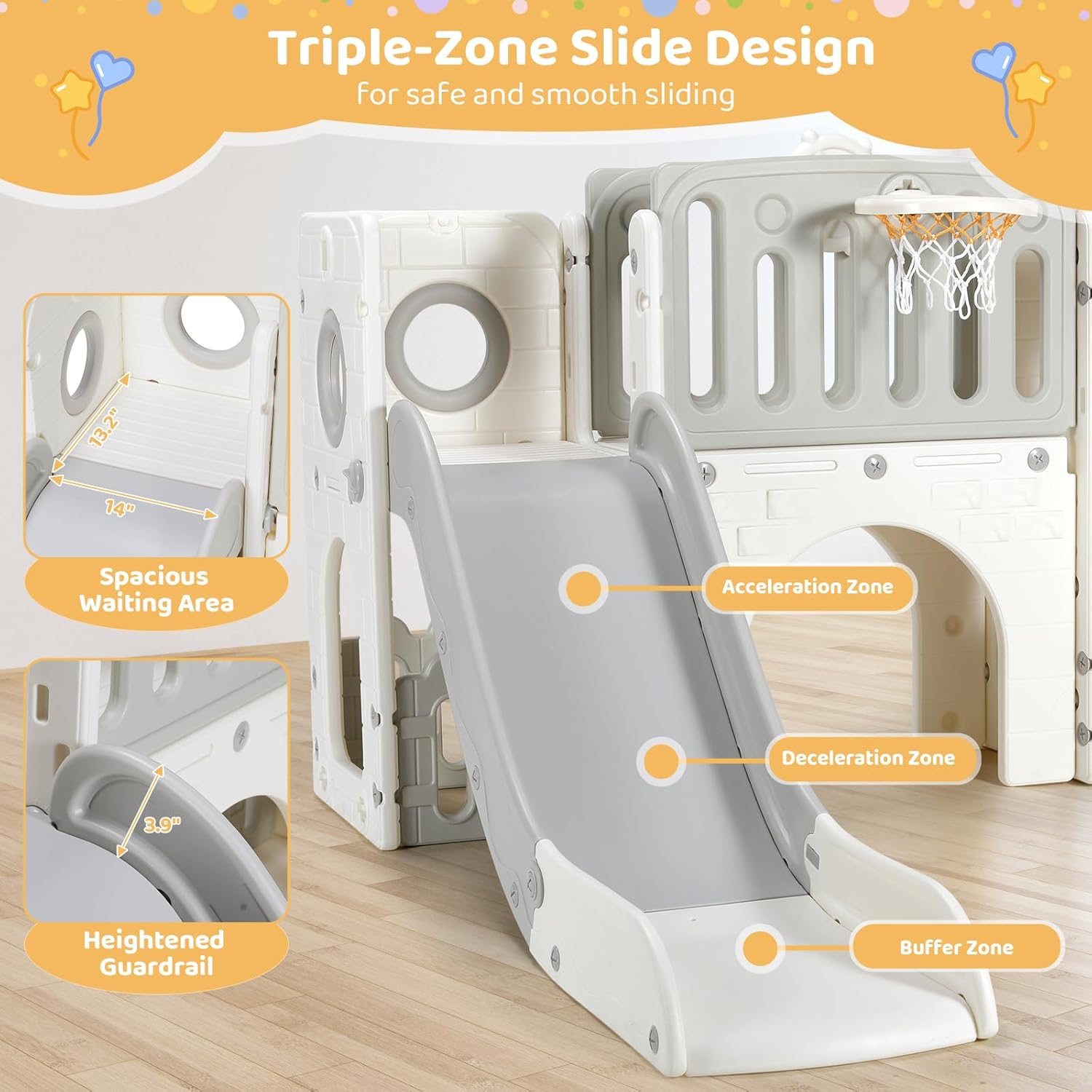 9 in 1 Toddler Slide Set, Kids Climber Slide Playset w/Long Slope, Telescope, Storage Space, Enclosed Steps, Indoor Outdoor Playground for Age 3+ Years Old (White & Gray)💋