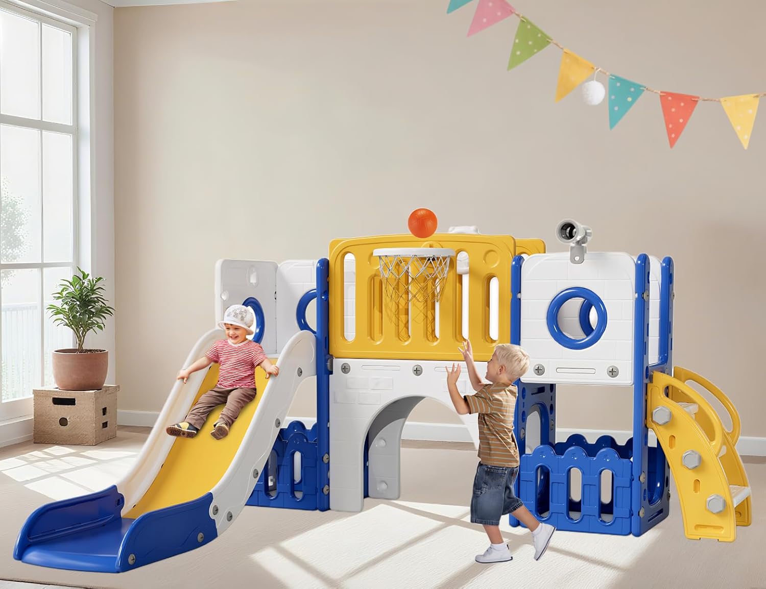9 in 1 Toddler Slide Set, Kids Climber Slide Playset w/Long Slope, Telescope, Storage Space, Enclosed Steps, Indoor Outdoor Playground for Age 3+ Years Old (White & Gray)💋