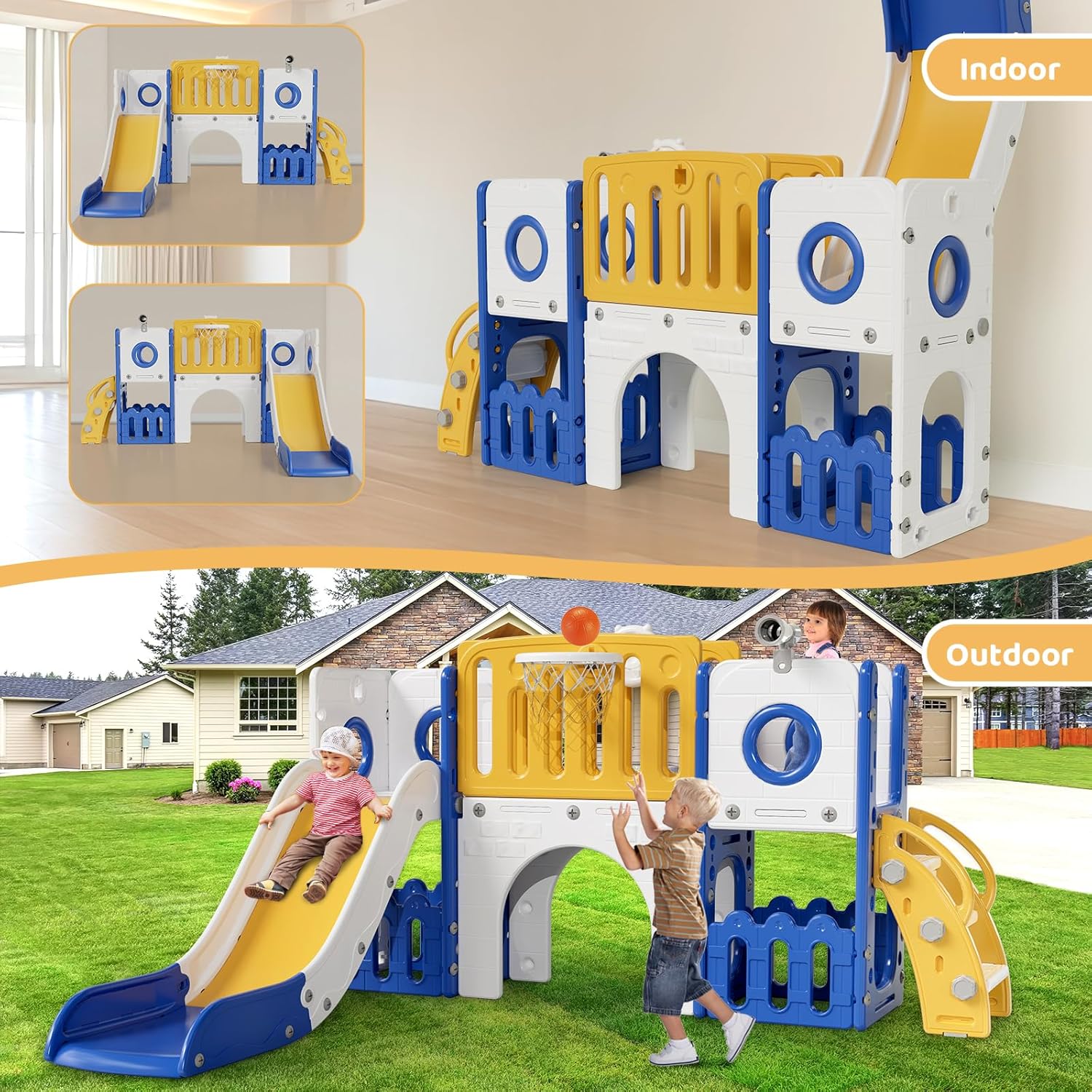 9 in 1 Toddler Slide Set, Kids Climber Slide Playset w/Long Slope, Telescope, Storage Space, Enclosed Steps, Indoor Outdoor Playground for Age 3+ Years Old (White & Gray)💋