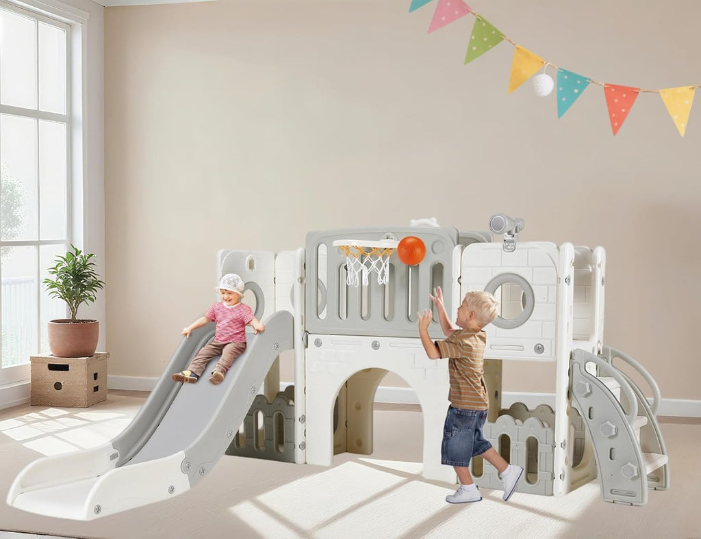9 in 1 Toddler Slide Set, Kids Climber Slide Playset w/Long Slope, Telescope, Storage Space, Enclosed Steps, Indoor Outdoor Playground for Age 3+ Years Old (White & Gray)💋