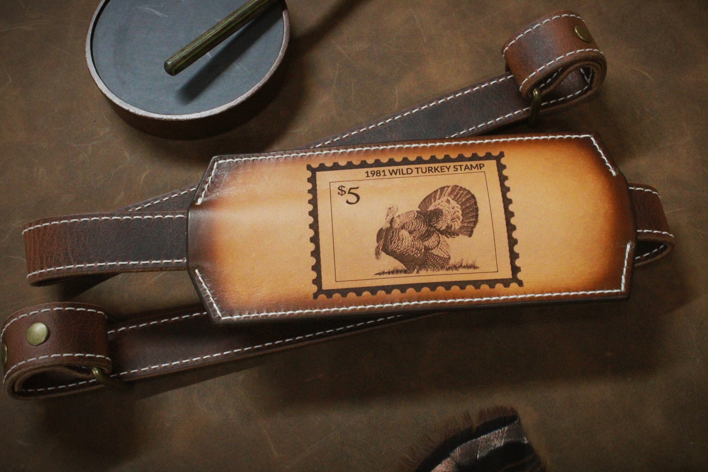🎯🦃 Leather wild turkey toter sling with vintage turkey stamp engraving💋