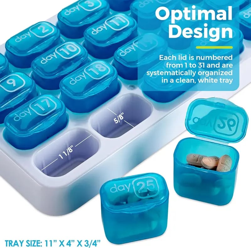 💊Monthly Pill Organizer with Lid - Arthritis-Friendly Easy-Open Lids 31 Removable Daily Pill Pods Date Reminder & Travel Case for Vitamins & Medications💋