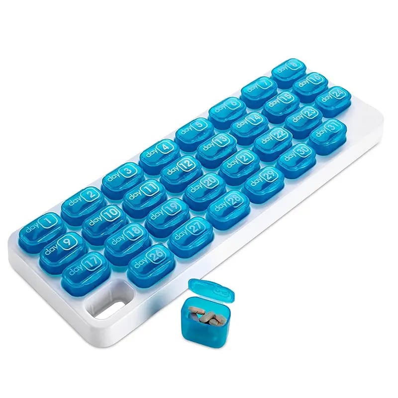 💊Monthly Pill Organizer with Lid - Arthritis-Friendly Easy-Open Lids 31 Removable Daily Pill Pods Date Reminder & Travel Case for Vitamins & Medications💋