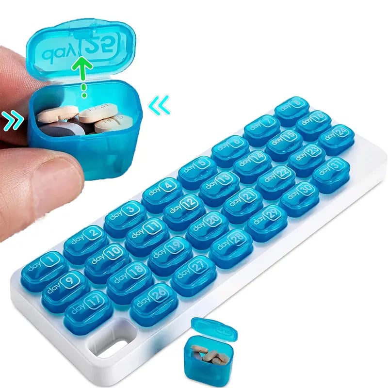 💊Monthly Pill Organizer with Lid - Arthritis-Friendly Easy-Open Lids 31 Removable Daily Pill Pods Date Reminder & Travel Case for Vitamins & Medications💋